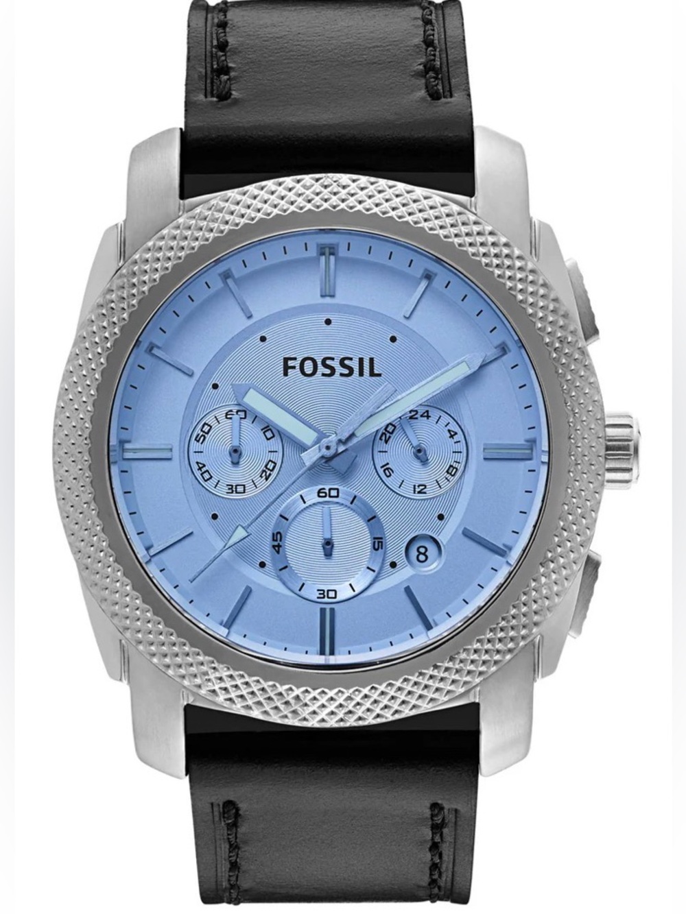 Fossil Men's Light Blue Dial Chronograph Watch with Black Leather Strap